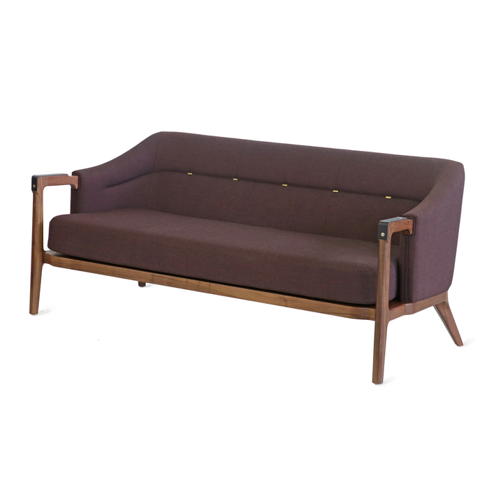 Modern sofa with natural walnut wooden frame, burgundy fabric upholstery, and brass details, perfect for contemporary living rooms, stylish office spaces, and hospitality spaces.