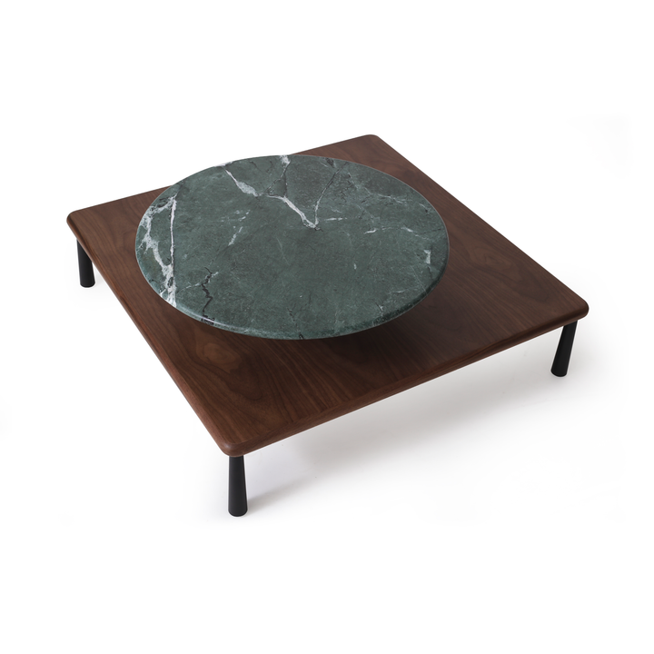 Modern Arc coffee table with a natural walnut wooden base, featuring a striking green marble circular centerpiece, perfect for upscale hospitality settings such as hotel lobbies and luxury lounges.