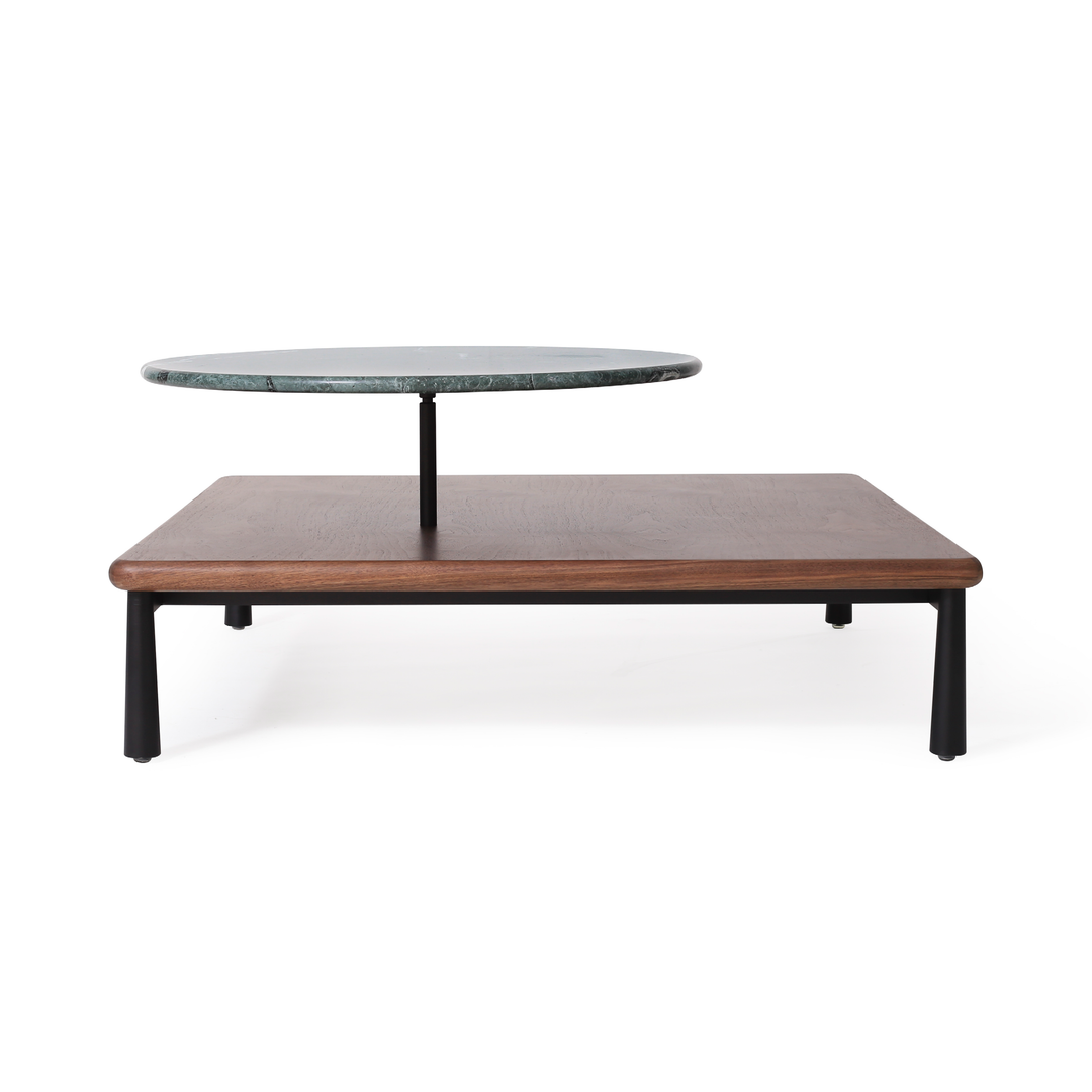 Modern Arc coffee table with a natural walnut wooden base, featuring a striking green marble circular centerpiece, perfect for upscale hospitality settings such as hotel lobbies and luxury lounges.