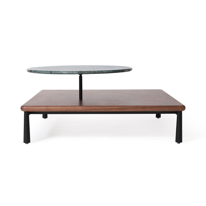 Modern Arc coffee table with a natural walnut wooden base, featuring a striking green marble circular centerpiece, perfect for upscale hospitality settings such as hotel lobbies and luxury lounges.
