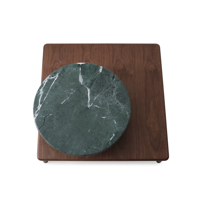 Modern Arc coffee table with a natural walnut wooden base, featuring a striking green marble circular centerpiece, perfect for upscale hospitality settings such as hotel lobbies and luxury lounges.